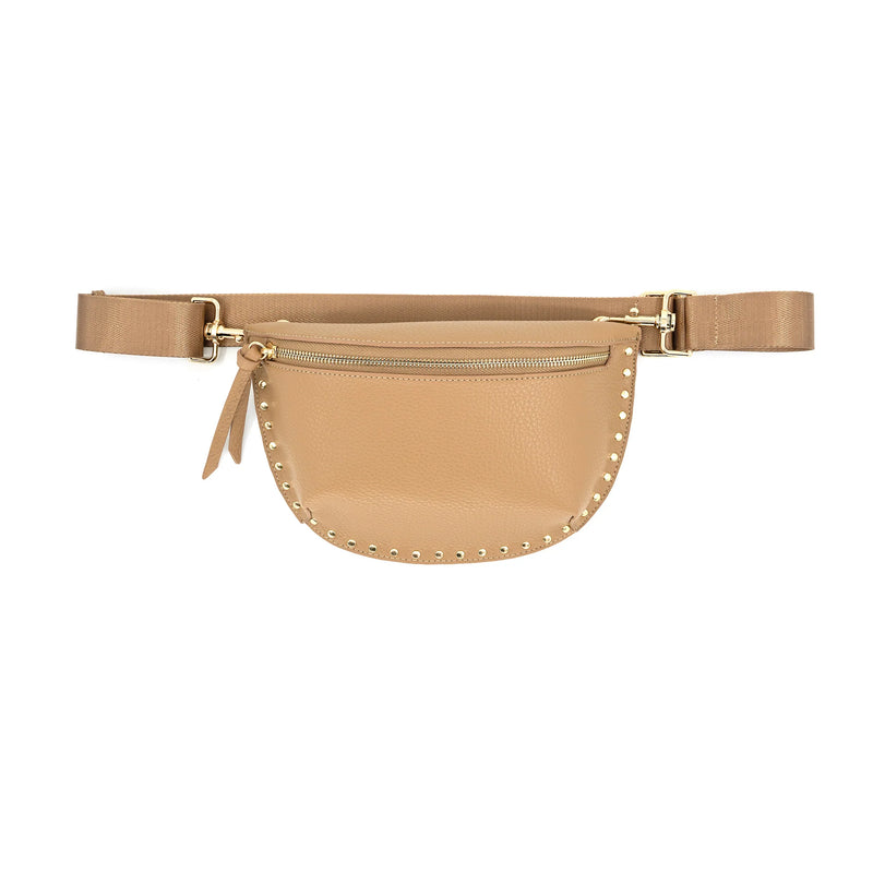 Stylish tan fanny pack featuring studded detailing and a zippered pocket, perfect for Long Island boutique fashion lovers.