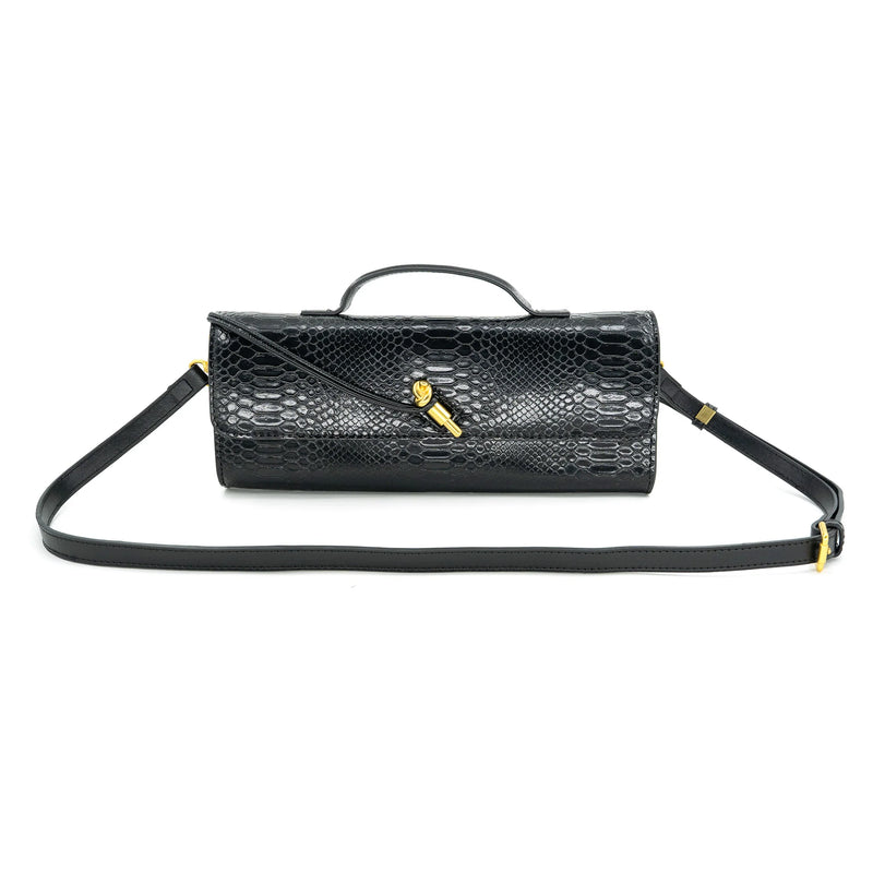 Sleek black BC mini bag clutch with a stylish embossed python design, featuring a detachable strap and gold-tone accents for Long Island boutique fashion.
