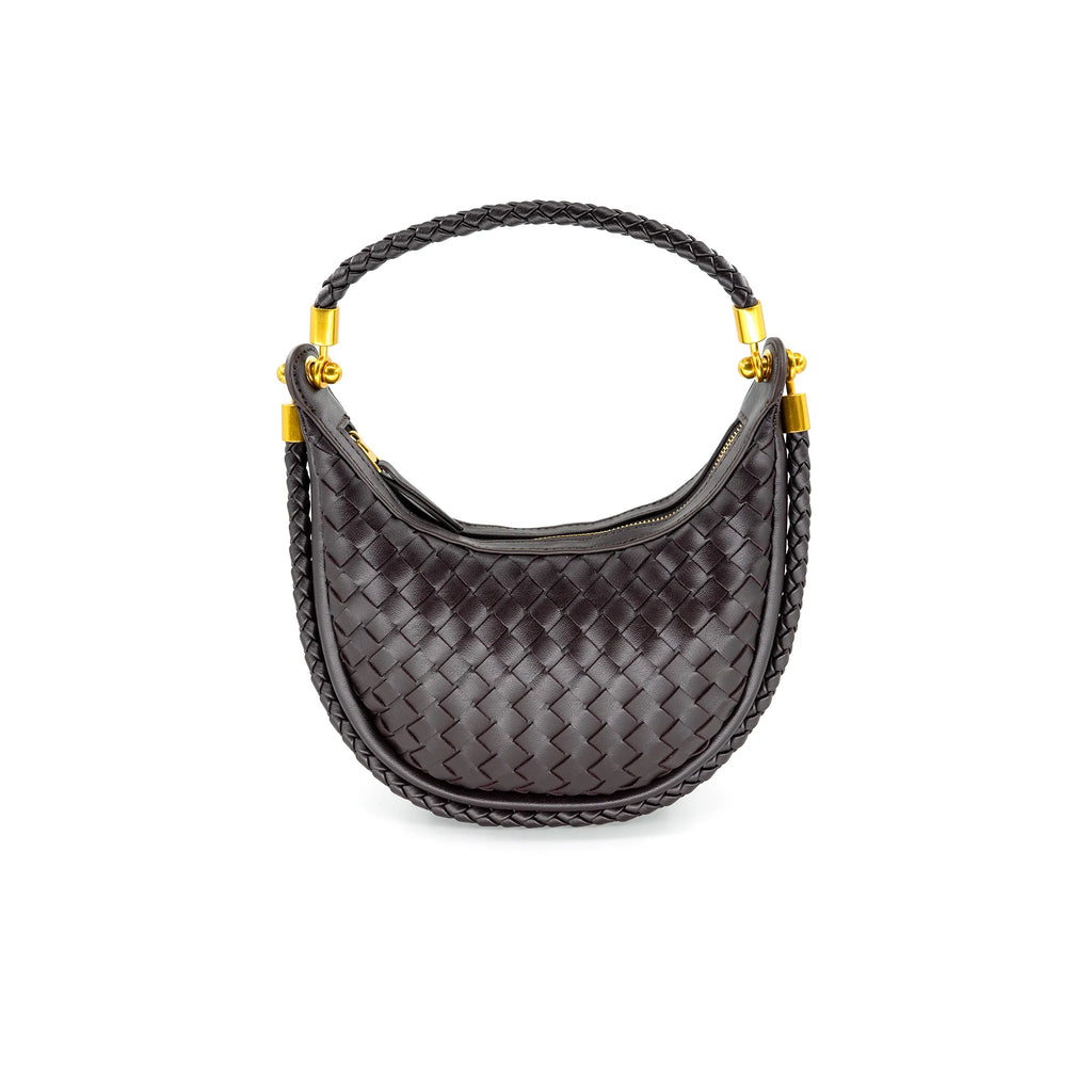 Chic black mini woven hobo bag with a unique braided strap and golden hardware, perfect for Long Island boutique fashion enthusiasts.