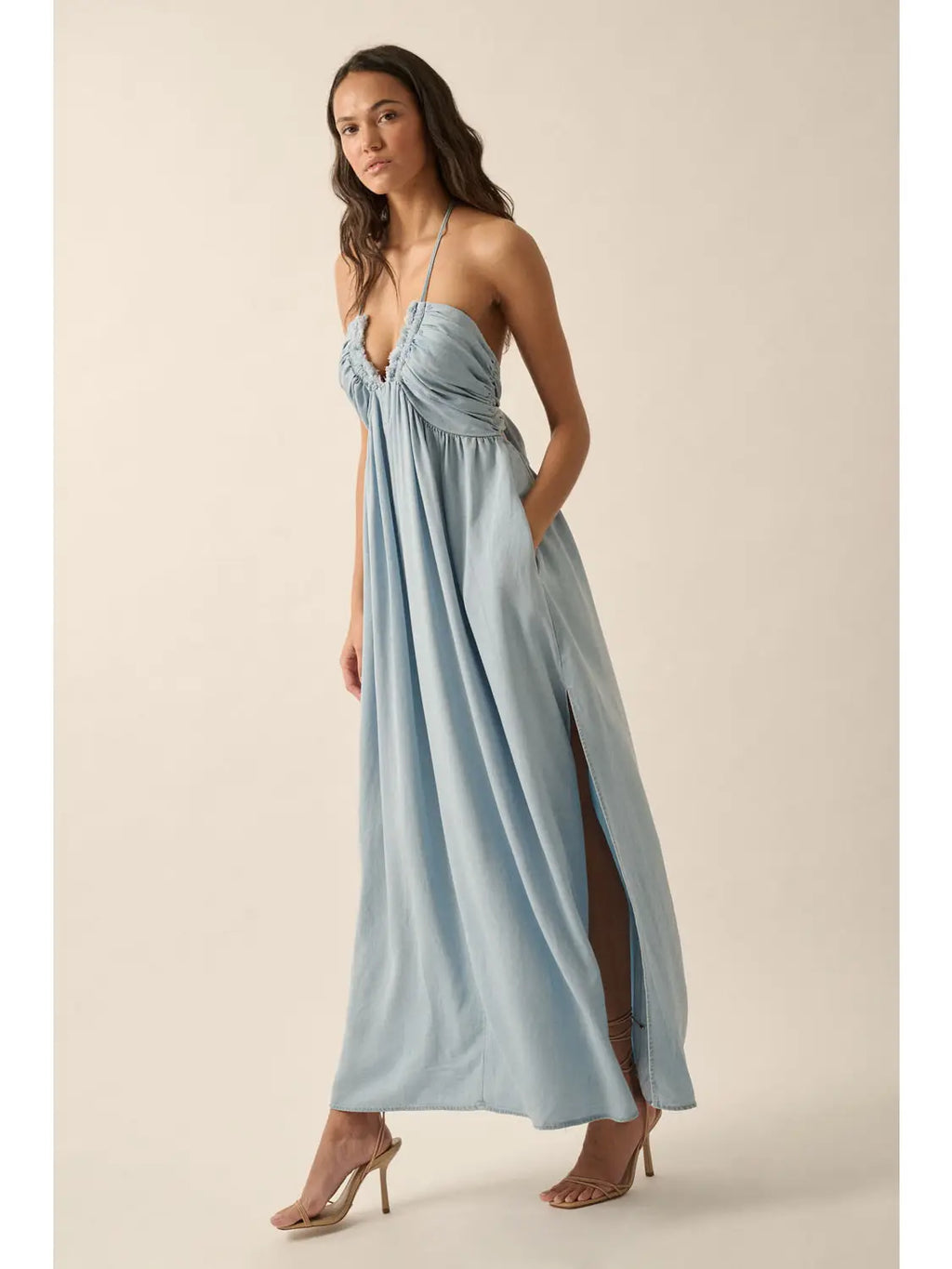 Plunging Halter Neck Denim Maxi Dress