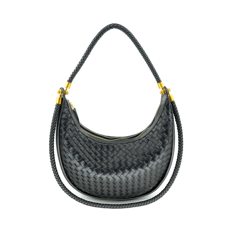Woven black hobo bag featuring a braided strap and gold-tone zipper, perfect for adding chic style to any Long Island boutique fashion ensemble.