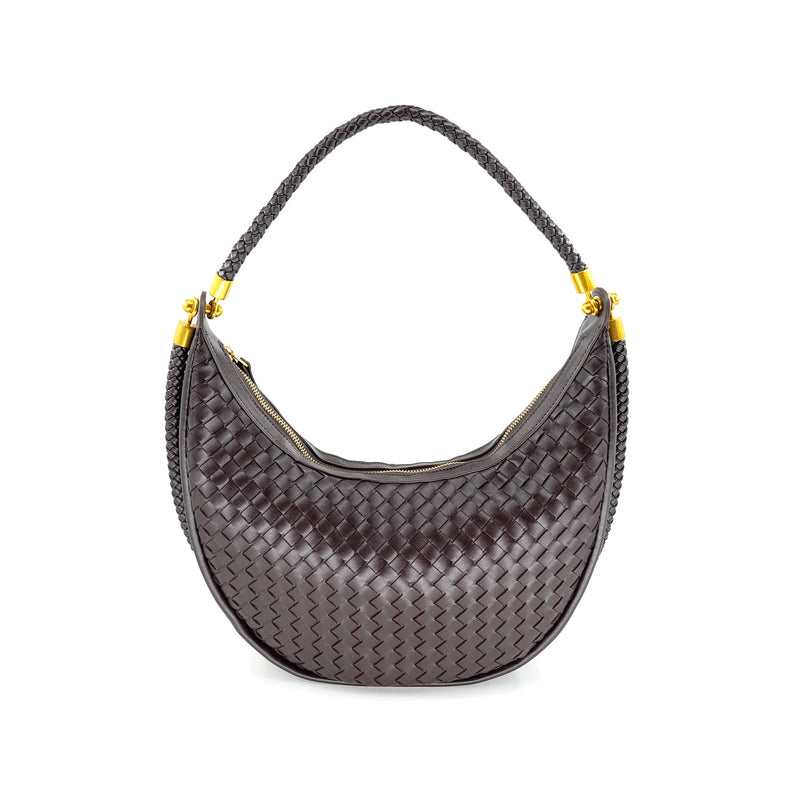 Medium woven hobo bag in deep charcoal with a braided handle and gold hardware, perfect for Long Island boutique fashion.