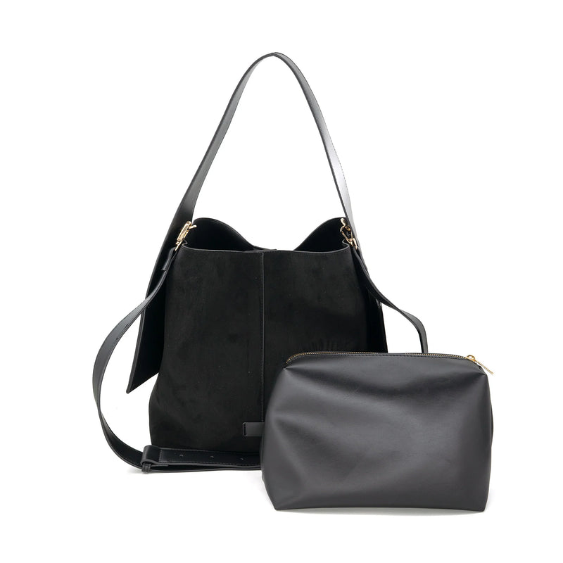 Large black suede hobo bag with a sleek design and leather strap, complemented by an accessory pouch, perfect for Long Island boutique fashion.