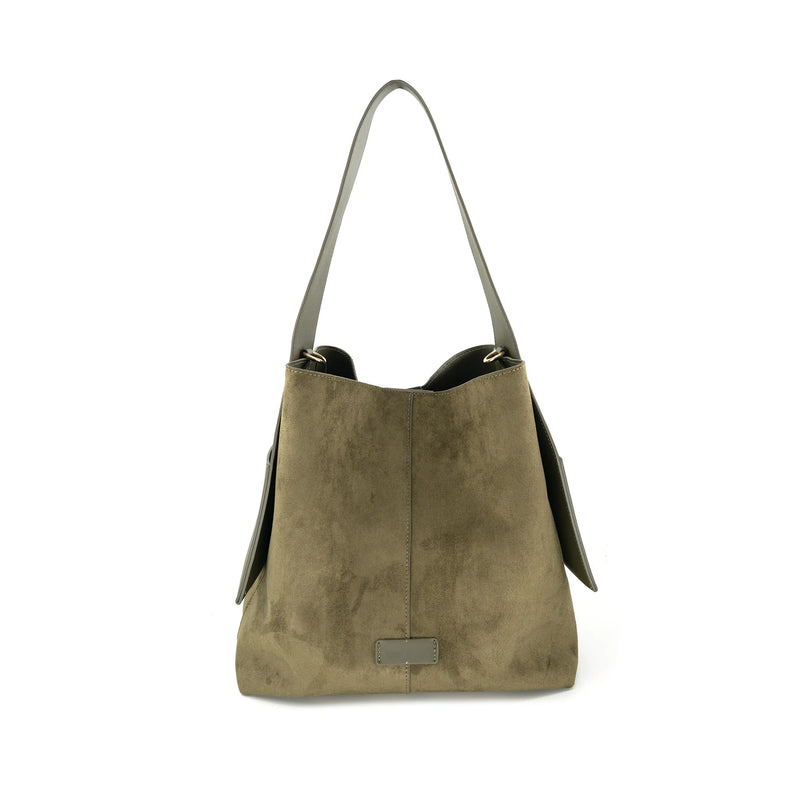 Large olive suede hobo bag with a soft finish and stylish shoulder strap, perfect for Long Island boutique fashion enthusiasts.