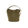 Soft olive suede bucket bag with a chic printed scarf detail on the handle, ideal for trendy Long Island boutique fashion.