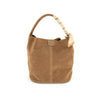 Suede bucket bag in a warm brown hue featuring a stylish patterned handle, perfect for chic Long Island boutique fashion.