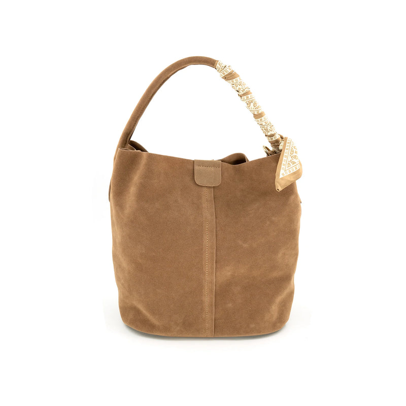 Suede bucket bag in a warm brown hue featuring a stylish patterned handle, perfect for chic Long Island boutique fashion.
