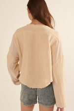 Crinkle Cropped Raw Edge Henley Top
