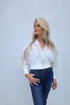 Lace zip-up top in white with sheer sleeves, perfect for stylish layering in Long Island boutique fashion.