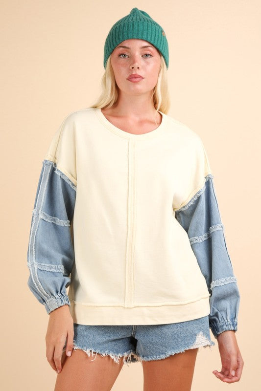 Acid Washed Oversized Denim Sleeve Casual Top - Cream