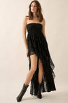 Floral Lace Strapless Ruffled High-Low Maxi Dress