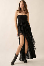 Floral Lace Strapless Ruffled High-Low Maxi Dress