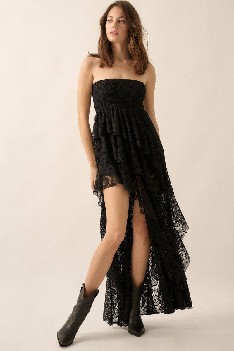 Floral Lace Strapless Ruffled High-Low Maxi Dress