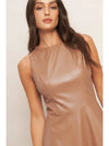 Sleek faux leather midi dress in a flattering tan shade, featuring a sleeveless design and a clean, structured silhouette for Long Island boutique fashion.
