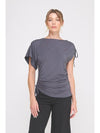“Soft gray modal knit asymmetric ruched tie top – trendy women’s blouse from TandyWear, front view 