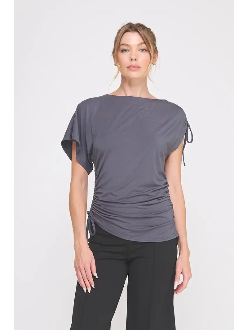 “Soft gray modal knit asymmetric ruched tie top – trendy women’s blouse from TandyWear, front view 