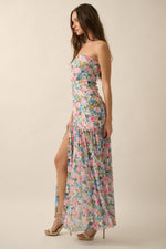 Floral Mesh Strapless Drop-Waist Maxi Dress