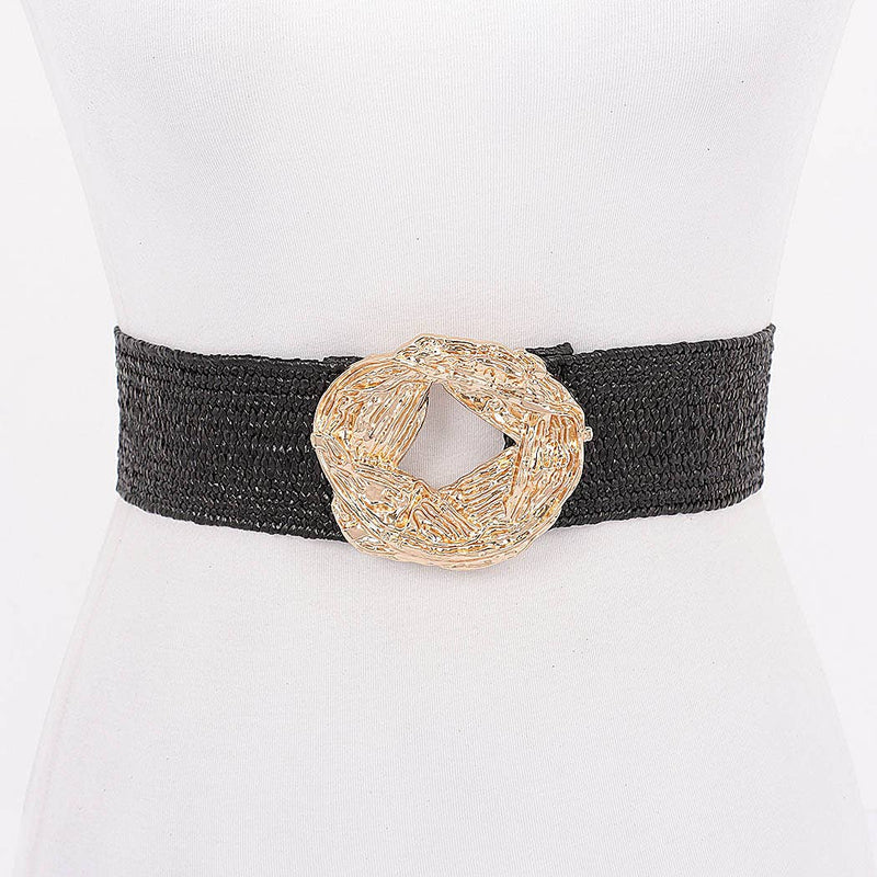 Metal Buckle Elastic Faux Straw Belt
