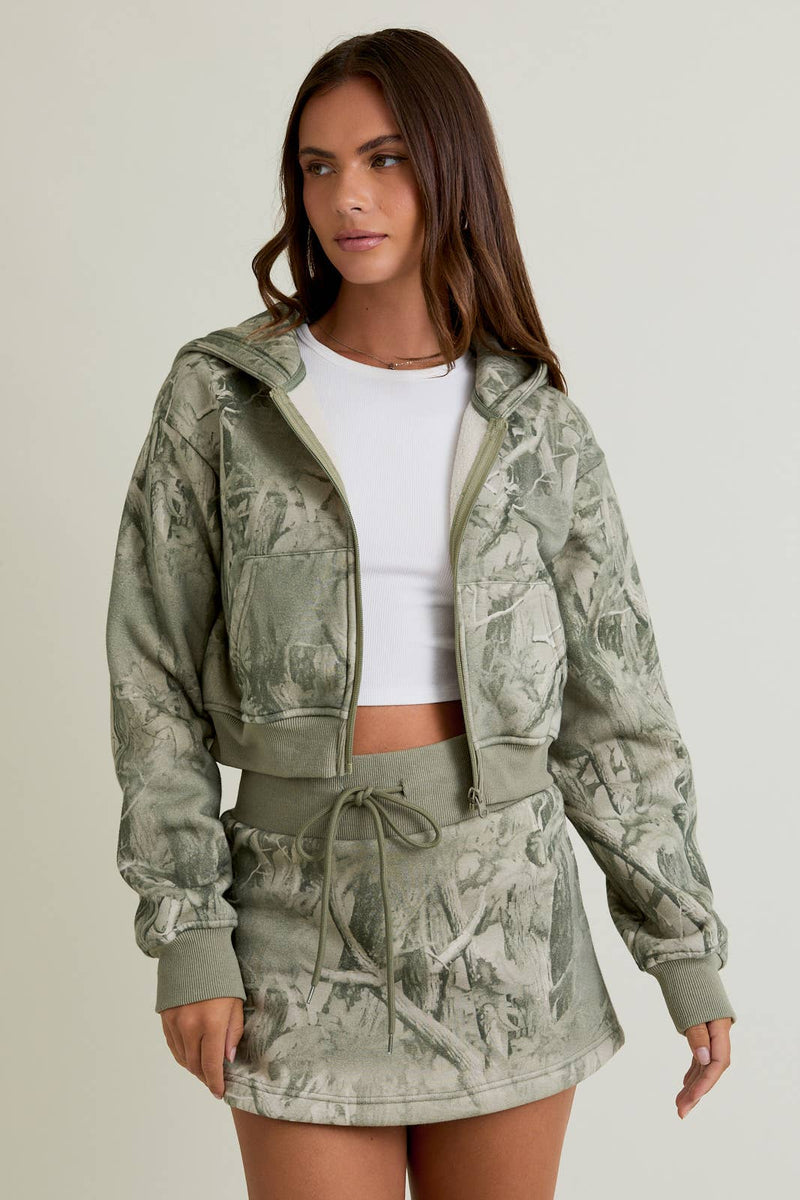 Tree Camo Printed Crop Hoodie Jacket
