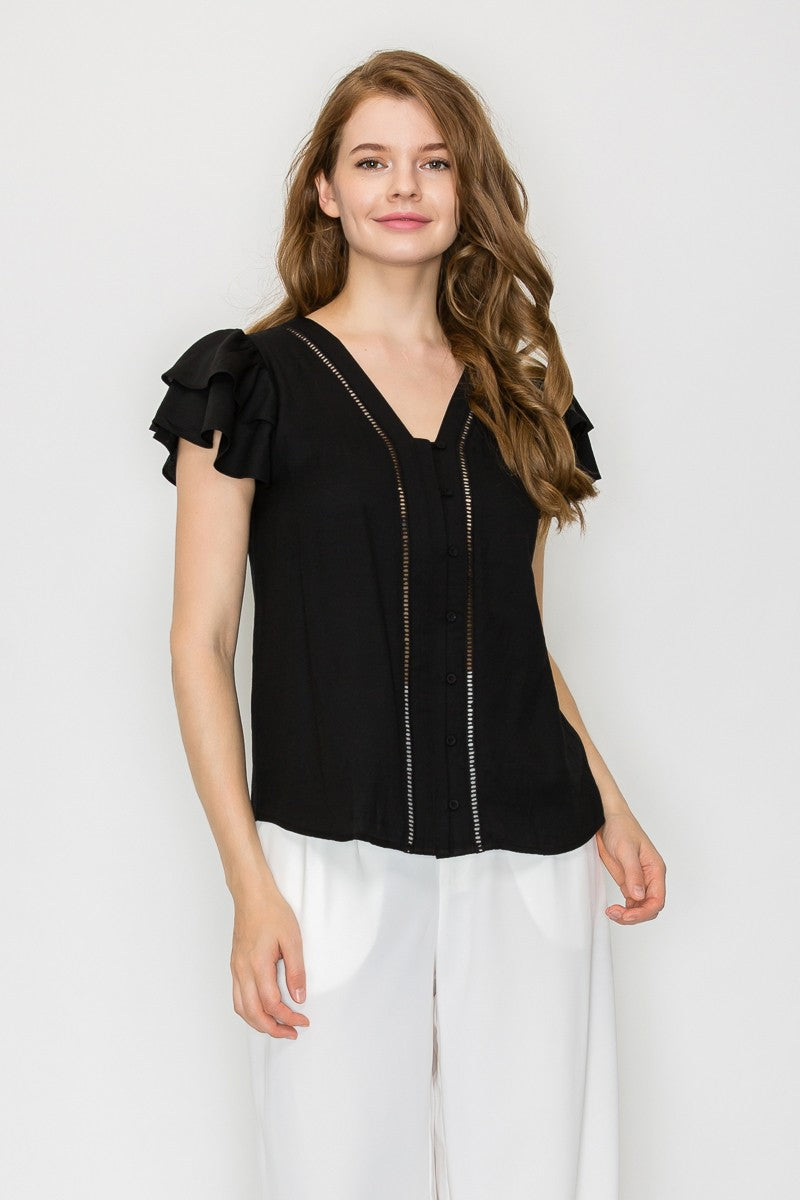 Ruffle Sleeve Eyelet Buttoned Top