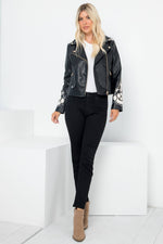 Vegan Leather Moto Jacket - Embroidery Applique Detail