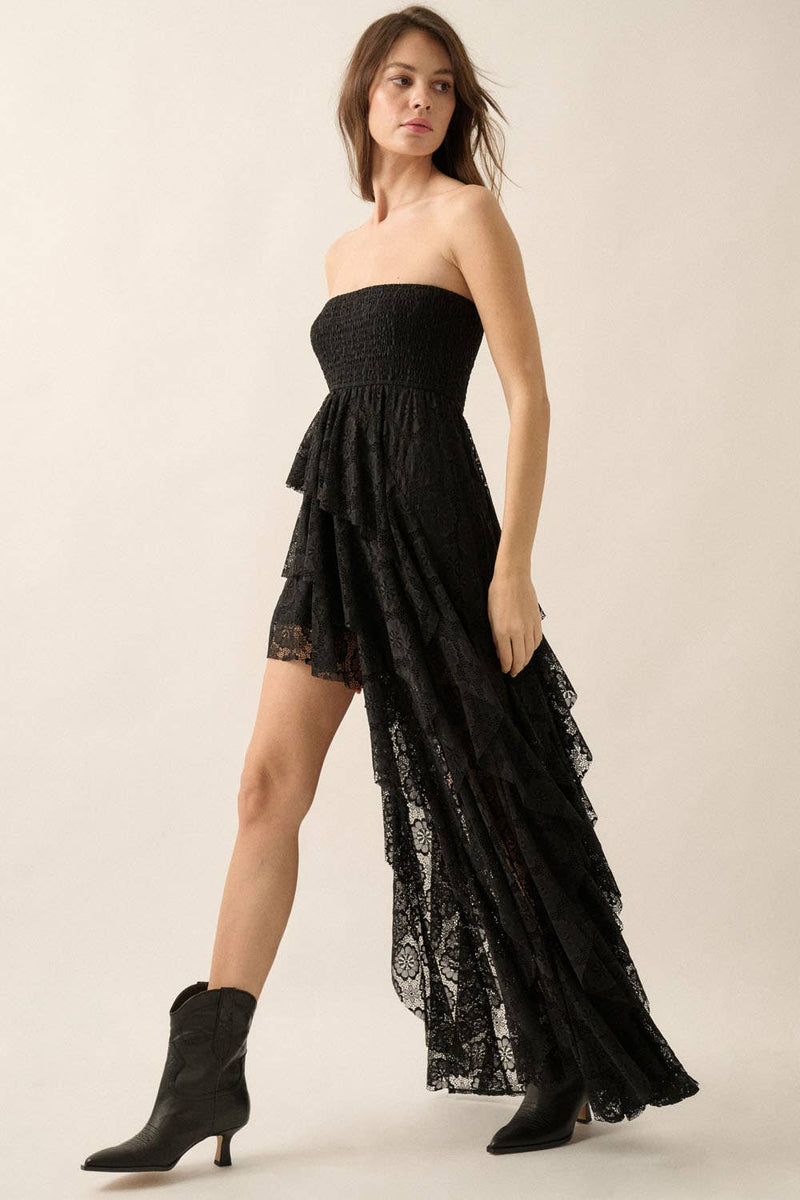 Floral Lace Strapless Ruffled High-Low Maxi Dress
