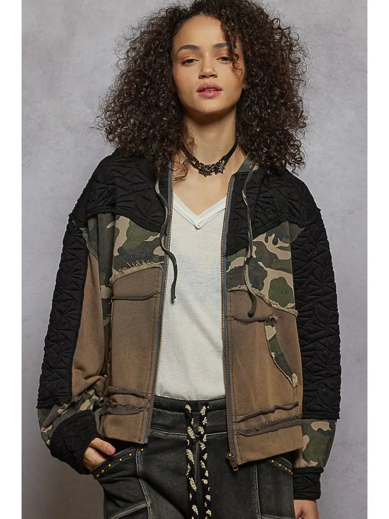 Long Sleeve Printed Terry Quilted Hooded Jacket