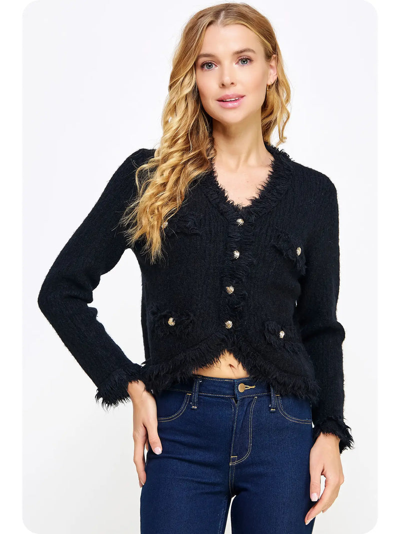 Textured black cardigan featuring frayed trim, a cropped fit, and decorative buttons, perfect for Long Island boutique fashion.