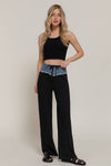 Straight terry long pants feature a contrast denim waist with frayed edges, offering a chic blend of comfort and style for Long Island boutique fashion.