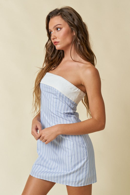 Striped Fold Over Tube Mini Dress