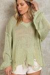 Dolman V-Neck Distressed Sweater Top