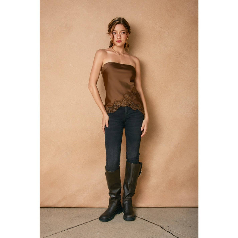 Dull satin tube top in rich brown with a delicate lace hem, perfect for stylish layering in Long Island boutique fashion.