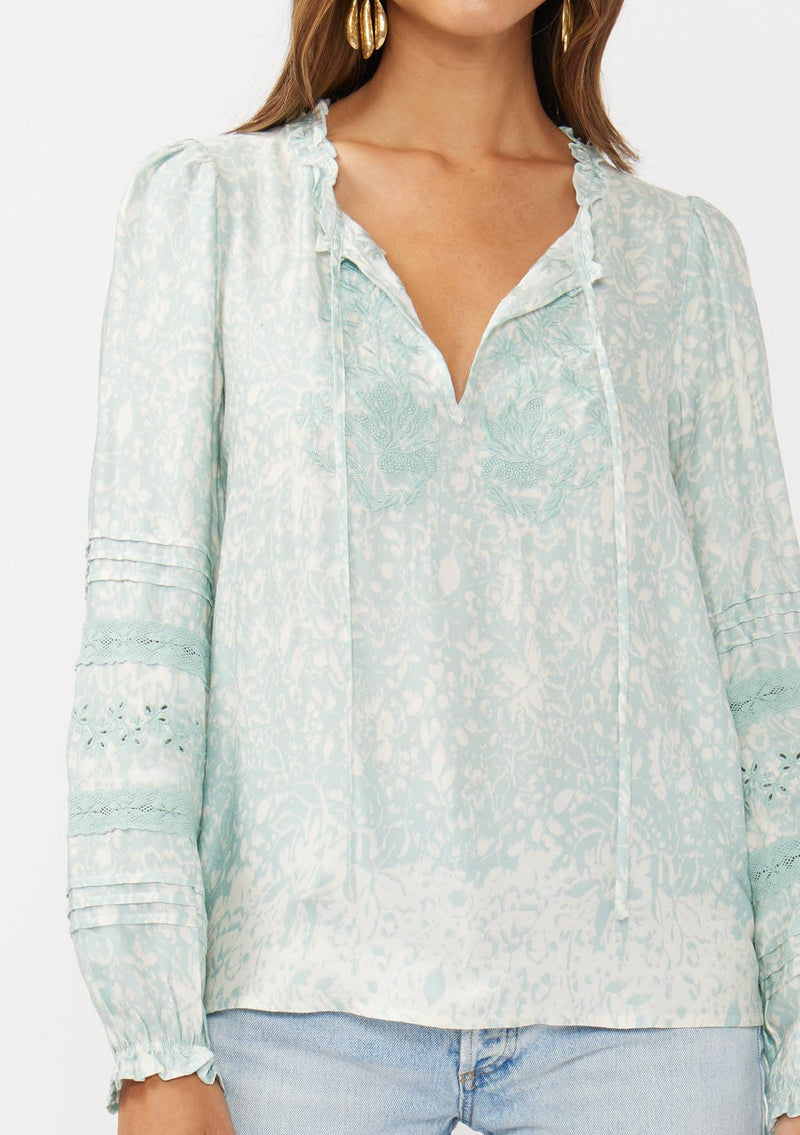 Floral Embroidered Lace-Trim Split Neck Blouse