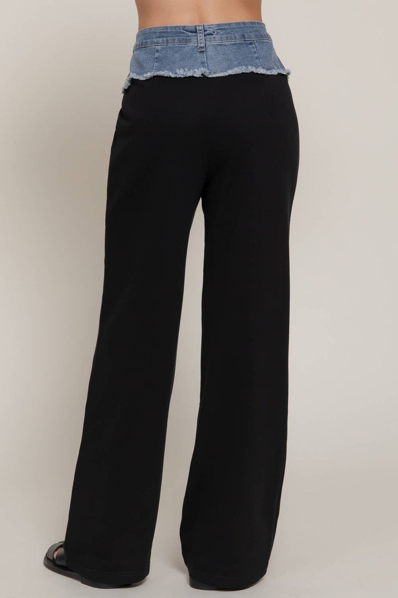 Straight leg terry pants featuring a contrasting denim waistband with a frayed edge, blending comfort and style perfect for Long Island boutique fashion.