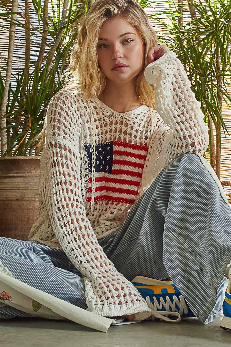 Long Sleeve American Flag Hoodie Thin Sweater Top