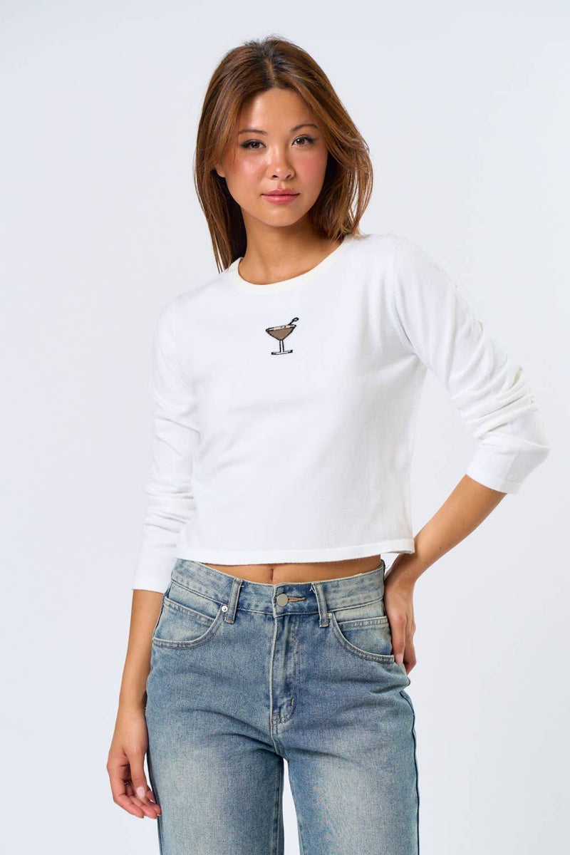 White long sleeve baby tee featuring a martini graphic, perfect for casual chic in Long Island boutique fashion.