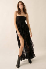 Floral Lace Strapless Ruffled High-Low Maxi Dress