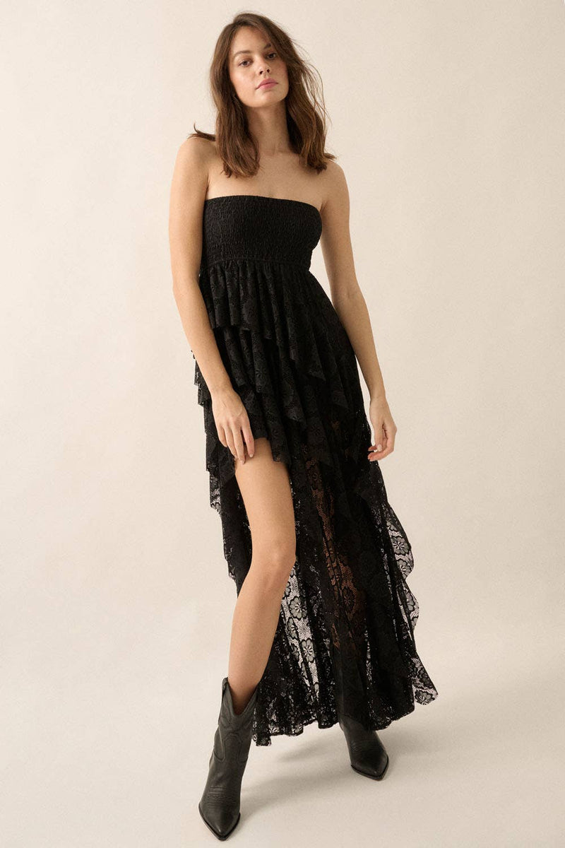 Floral Lace Strapless Ruffled High-Low Maxi Dress