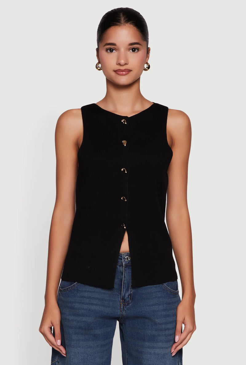 Fitted black button-down sweater vest with a rounded neckline and stylish gold buttons, perfect for Long Island boutique fashion.