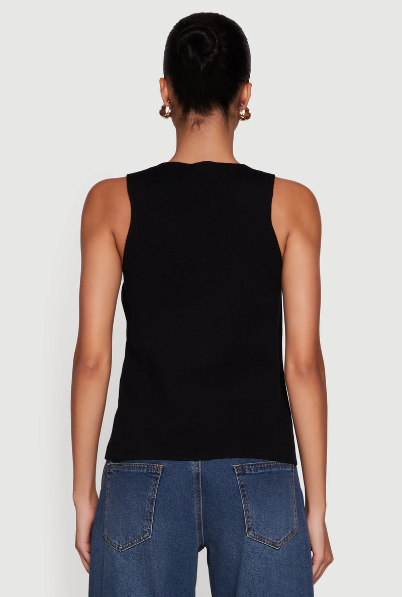 Sleek black button down sweater vest with a fitted design, perfect for layering in chic Long Island boutique fashion.