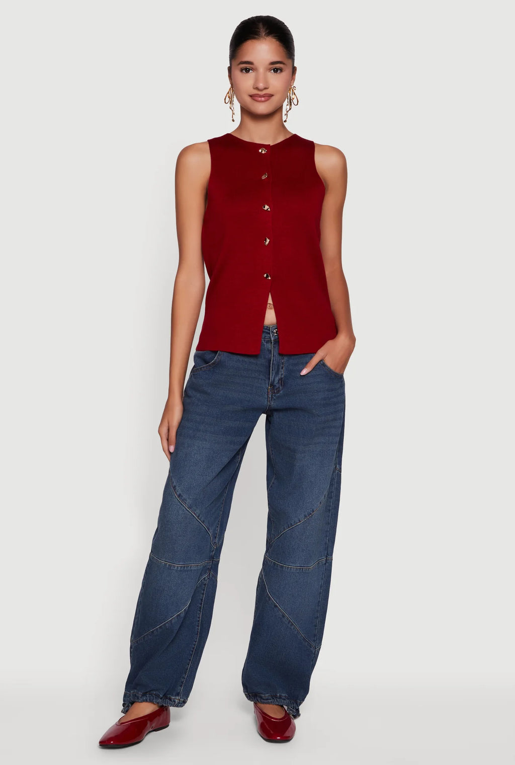 Sleeveless burgundy button-down sweater vest featuring a tailored fit, perfect for layering, ideal for Long Island boutique fashion.