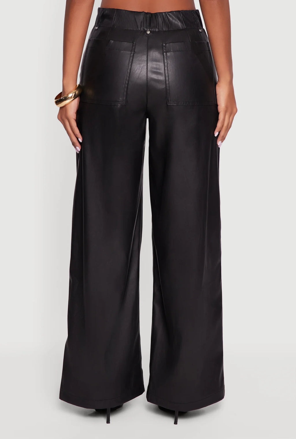 Black faux leather high waist pintuck pants – sleek full-length design from Off Price TandyWear