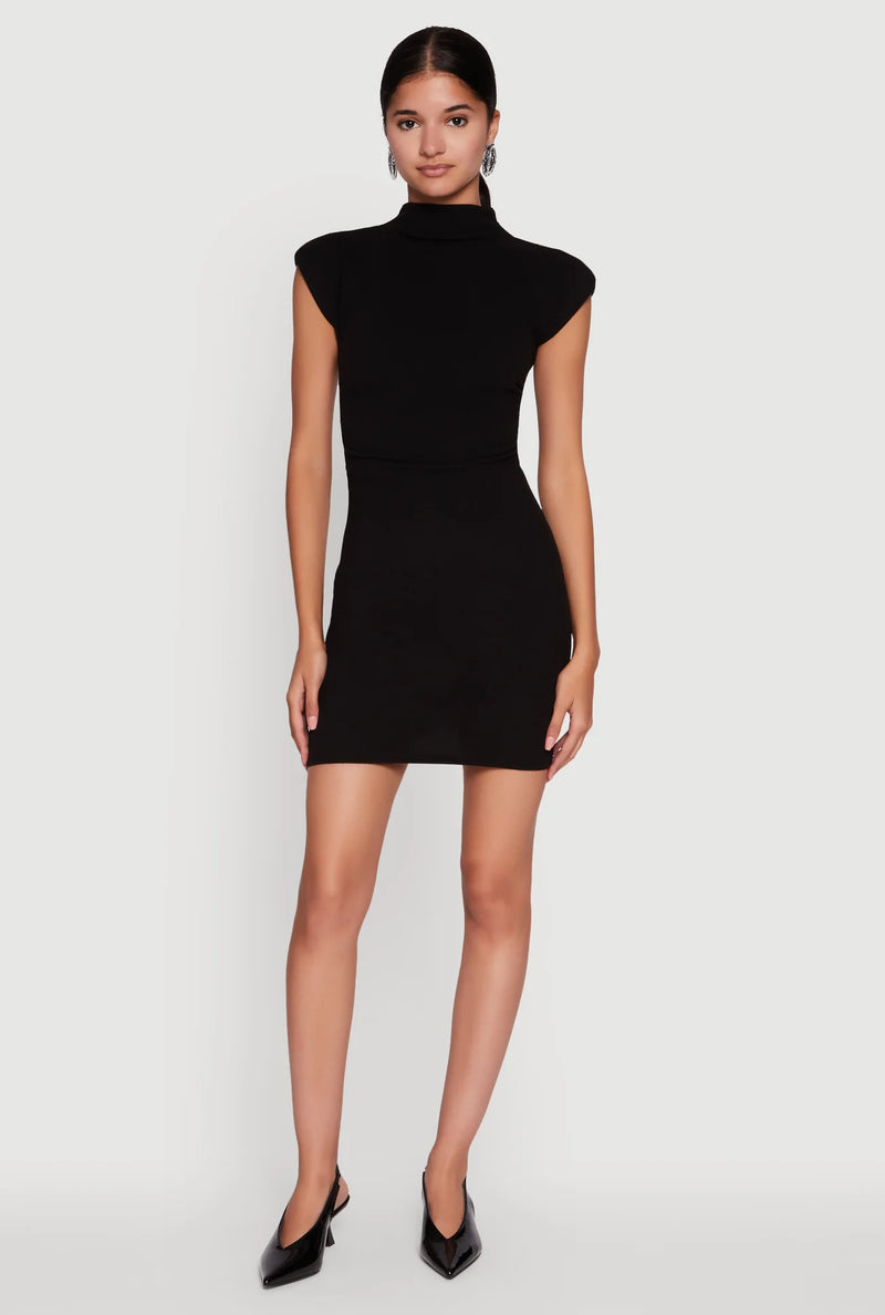Mock Neck Cap Sleeve Mini Dress Black / Medium Mock Neck Cap Sleeve Mini Dress Black / Medium