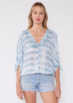 V-Neck Dolman Button Down Top - Off White/Teal