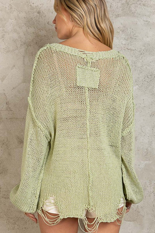 Dolman V-Neck Distressed Sweater Top