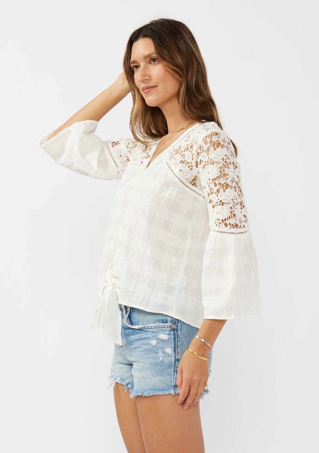 Button Down Crochet Lace Tie Front Top