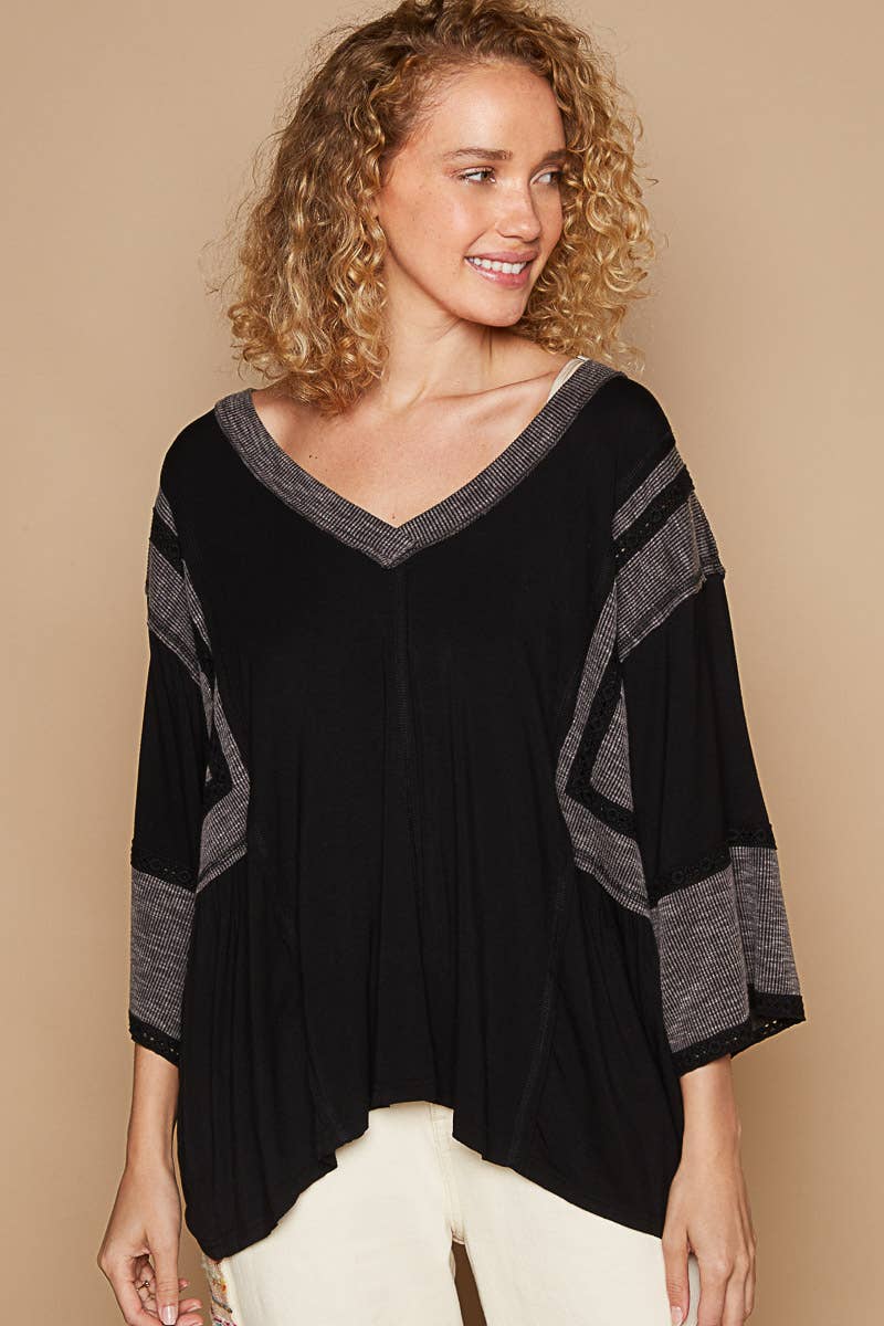 Oversize V-Neck Long Sleeve Lace Trim Knit Top