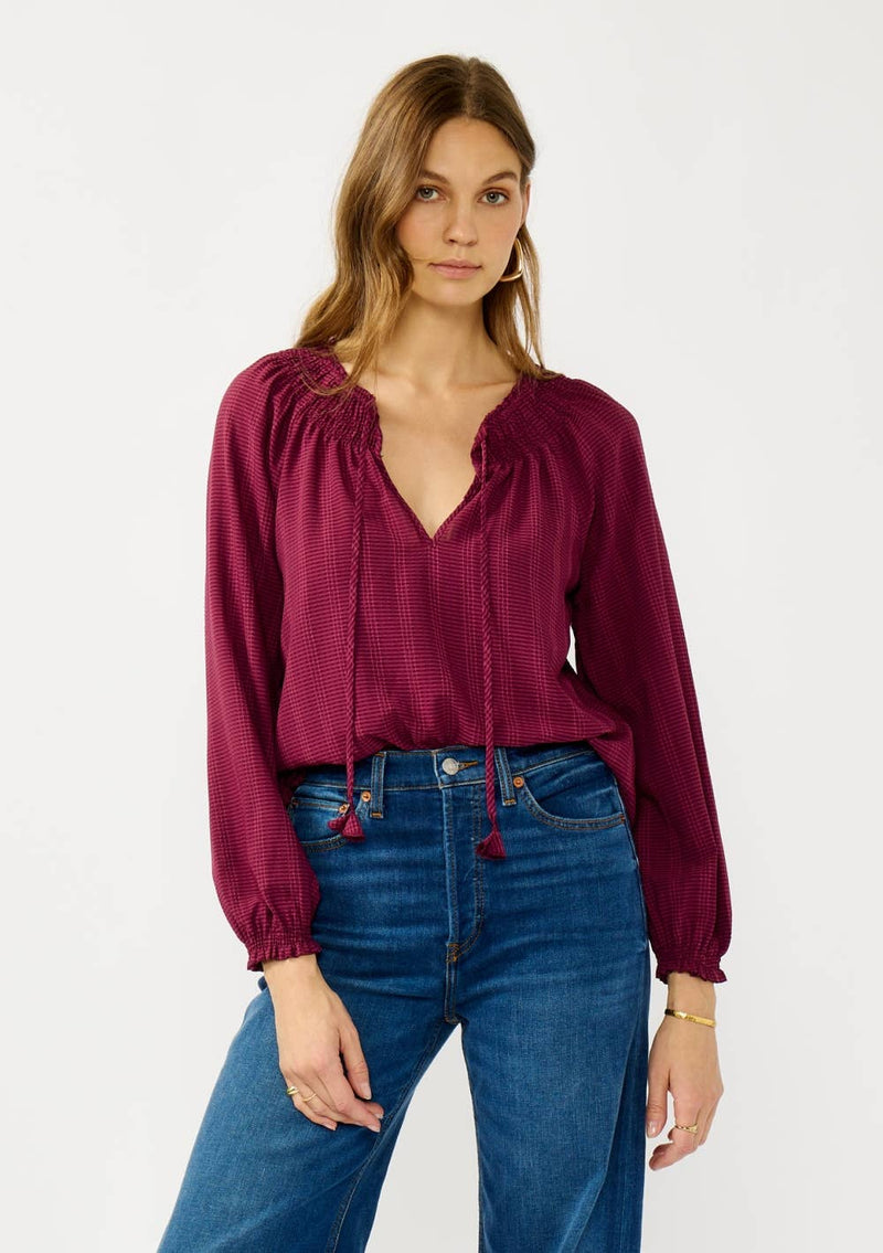 Long Sleeve Smocked Neck Blouse with Spaghetti Tie