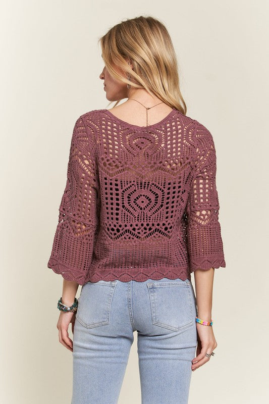 Front Drawstring Crochet Top - Purple
