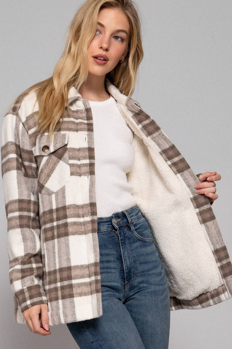 Long Sleeve Inside Faux Fur Brushed Plaid Jacket